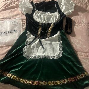 Green and Black Dirndl Dress with White Accents
